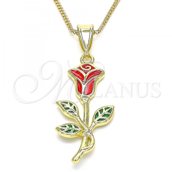 Oro Laminado Pendant Necklace, Gold Filled Style Flower Design, Red Enamel Finish, Golden Finish, 04.253.0016.20