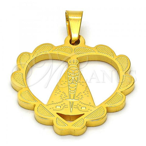 Stainless Steel Religious Pendant, Caridad del Cobre and Heart Design, Polished, Golden Finish, 05.302.0003