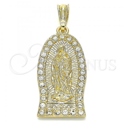Oro Laminado Religious Pendant, Gold Filled Style Guadalupe Design, with White Crystal, Polished, Golden Finish, 05.351.0125
