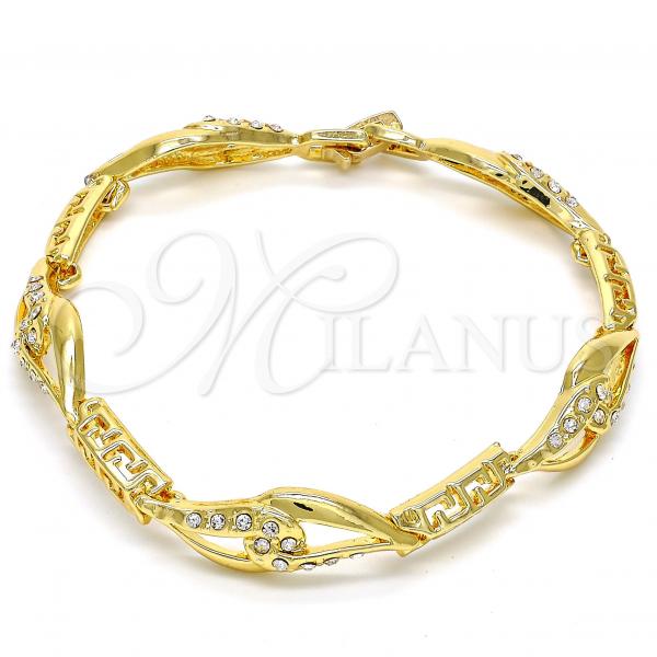 Oro Laminado Fancy Bracelet, Gold Filled Style Greek Key and Teardrop Design, with White Crystal, Polished, Golden Finish, 03.59.0058.08