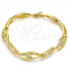 Oro Laminado Fancy Bracelet, Gold Filled Style Greek Key and Teardrop Design, with White Crystal, Polished, Golden Finish, 03.59.0058.08
