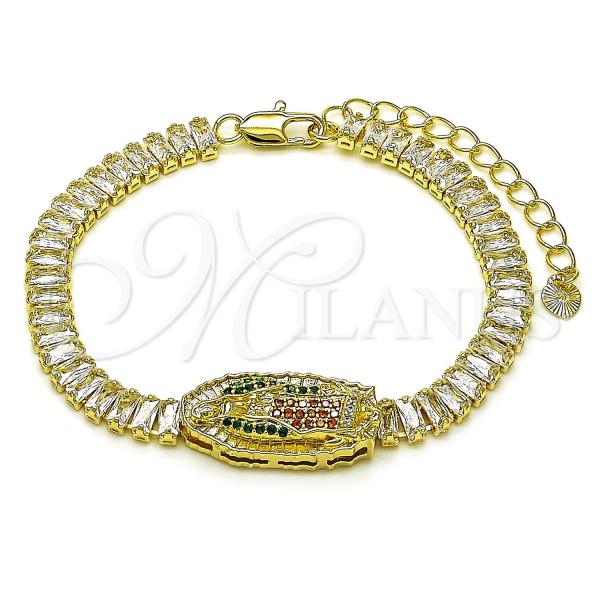Oro Laminado Fancy Bracelet, Gold Filled Style Guadalupe and Baguette Design, with White Cubic Zirconia and Multicolor Micro Pave, Polished, Golden Finish, 03.411.0029.1.07