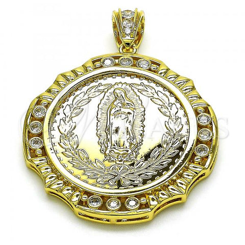 Oro Laminado Religious Pendant, Gold Filled Style Centenario Coin and Guadalupe Design, with White Cubic Zirconia, Polished, Golden Finish, 05.253.0174