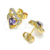 Oro Laminado Stud Earring, Gold Filled Style Heart and Infinite Design, with Amethyst and White Cubic Zirconia, Polished, Golden Finish, 02.387.0070.1