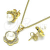 Oro Laminado Earring and Pendant Adult Set, Gold Filled Style Flower Design, with Ivory Pearl and White Micro Pave, Polished, Golden Finish, 10.156.0450