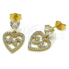 Oro Laminado Dangle Earring, Gold Filled Style Heart Design, with White Cubic Zirconia, Polished, Golden Finish, 02.283.0229