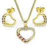 Oro Laminado Earring and Pendant Adult Set, Gold Filled Style Heart Design, with Garnet and White Micro Pave, Polished, Golden Finish, 10.344.0008.1