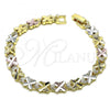 Oro Laminado Fancy Bracelet, Gold Filled Style Flower and Heart Design, Polished, Tricolor, 03.102.0073.07