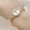 Oro Laminado Fancy Bracelet, Gold Filled Style Jesus and Crucifix Design, with White Cubic Zirconia, Diamond Cutting Finish, Golden Finish, 03.97.0002.08