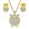 Oro Laminado Earring and Pendant Adult Set, Gold Filled Style Owl Design, with White Micro Pave, Polished, Golden Finish, 10.156.0343