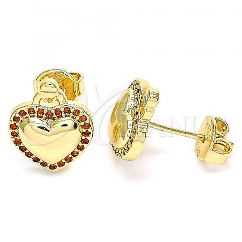 Oro Laminado Stud Earring, Gold Filled Style Heart Design, with Garnet Micro Pave, Polished, Golden Finish, 02.156.0458.2