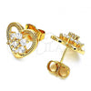 Oro Laminado Stud Earring, Gold Filled Style Heart and Flower Design, with White Cubic Zirconia, Polished, Golden Finish, 02.387.0080