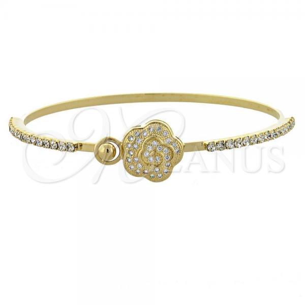 Oro Laminado Individual Bangle, Gold Filled Style Flower Design, with White Micro Pave and White Cubic Zirconia, Polished, Golden Finish, 07.97.0048 (02 MM Thickness, Size 5)