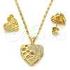 Oro Laminado Earring and Pendant Adult Set, Gold Filled Style Heart and Flower Design, with White Micro Pave, Polished, Golden Finish, 10.156.0066.1