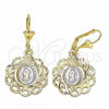 Oro Laminado Dangle Earring, Gold Filled Style Flower and Guadalupe Design, Polished, Tricolor, 02.351.0034