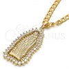Oro Laminado Religious Pendant, Gold Filled Style Guadalupe Design, with White Cubic Zirconia, Polished, Golden Finish, 05.94.0002