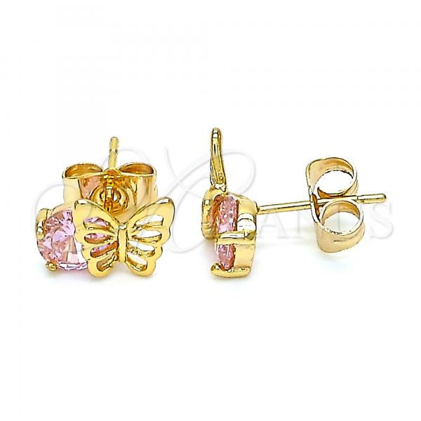 Oro Laminado Stud Earring, Gold Filled Style Butterfly Design, with Pink Cubic Zirconia, Polished, Golden Finish, 02.387.0001