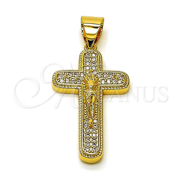Oro Laminado Religious Pendant, Gold Filled Style Cross and Crucifix Design, with White Micro Pave, Polished, Golden Finish, 05.342.0218