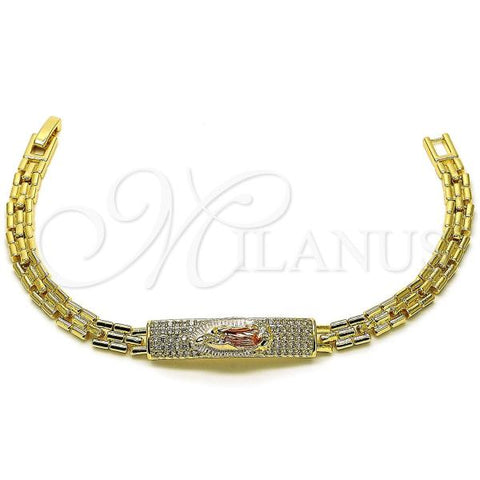 Oro Laminado Fancy Bracelet, Gold Filled Style Guadalupe and Nameplate Design, with White Cubic Zirconia, Polished, Tricolor, 03.411.0049.1.08