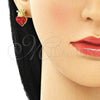 Oro Laminado Stud Earring, Gold Filled Style Heart and Crown Design, with Garnet Crystal, Polished, Golden Finish, 02.63.2708.1