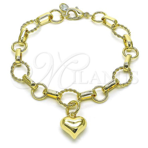 Oro Laminado Fancy Bracelet, Gold Filled Style Rolo and Heart Design, with White Cubic Zirconia, Polished, Golden Finish, 03.331.0294.08