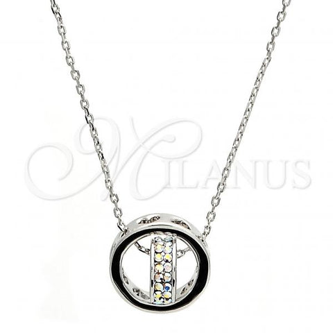 Rhodium Plated Pendant Necklace, Rolo and Heart Design, with Aurore Boreale Swarovski Crystals, Polished, Rhodium Finish, 04.239.0028.16