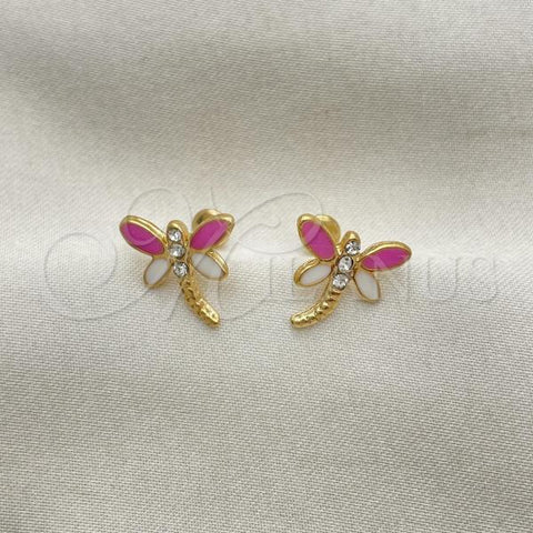 Oro Laminado Stud Earring, Gold Filled Style Dragon-Fly Design, with White Cubic Zirconia, Pink Enamel Finish, Golden Finish, 02.02.0524