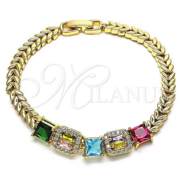 Oro Laminado Fancy Bracelet, Gold Filled Style Leaf Design, with Multicolor Cubic Zirconia, Polished, Golden Finish, 03.283.0217.07