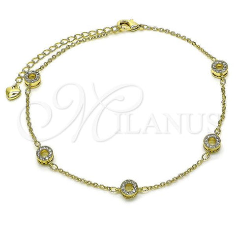 Oro Laminado Fancy Anklet, Gold Filled Style Rolo Design, with White Micro Pave, Polished, Golden Finish, 03.213.0286.10