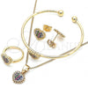Oro Laminado Earring and Pendant Children Set, Gold Filled Style Heart Design, with Multicolor Micro Pave, Polished, Golden Finish, 06.210.0022.1