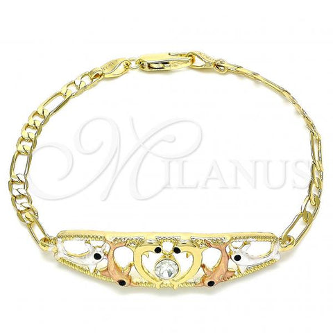 Oro Laminado Fancy Bracelet, Gold Filled Style Dolphin Design, with White and Black Crystal, Polished, Tricolor, 03.380.0048.08
