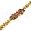 Oro Laminado Fancy Bracelet, Gold Filled Style Flower and Leaf Design, with Garnet and White Cubic Zirconia, Polished, Golden Finish, 03.206.0017.07