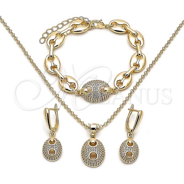 Oro Laminado Necklace, Bracelet, Earring and Ring, Gold Filled Style Chunky and Rolo Design, with White Cubic Zirconia, Polished, Golden Finish, 06.372.0093