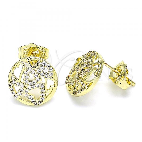 Oro Laminado Stud Earring, Gold Filled Style Heart Design, with White Micro Pave, Polished, Golden Finish, 02.199.0035