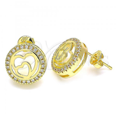 Oro Laminado Stud Earring, Gold Filled Style Heart Design, with White Micro Pave, Polished, Golden Finish, 02.156.0474