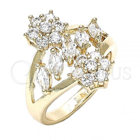 Oro Laminado Multi Stone Ring, Gold Filled Style Flower Design, with White Cubic Zirconia, Polished, Golden Finish, 01.210.0096.08 (Size 8)