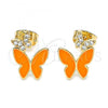 Oro Laminado Stud Earring, Gold Filled Style Butterfly Design, with White Micro Pave, Orange Enamel Finish, Golden Finish, 02.213.0178.2