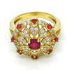 Oro Laminado Multi Stone Ring, Gold Filled Style Heart Design, with Ruby and White Cubic Zirconia, Polished, Golden Finish, 01.266.0022.2.07 (Size 7)