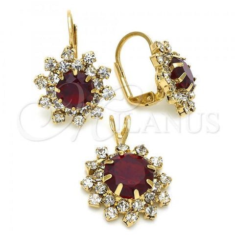 Oro Laminado Earring and Pendant Adult Set, Gold Filled Style Flower Design, with White and Garnet Cubic Zirconia, Polished, Golden Finish, 5.057.004.1