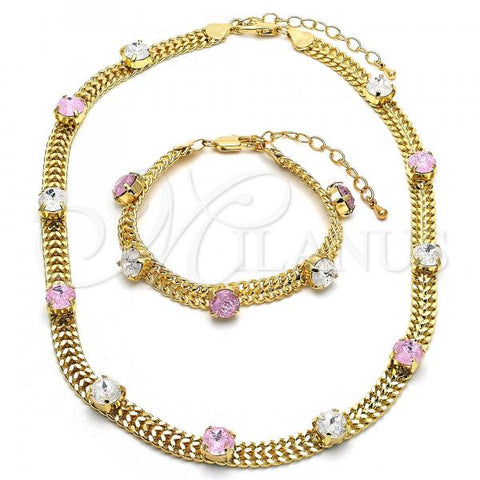 Oro Laminado Necklace and Bracelet, Gold Filled Style with Pink and White Cubic Zirconia, Polished, Golden Finish, 06.185.0015.1