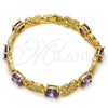 Oro Laminado Tennis Bracelet, Gold Filled Style Hugs and Kisses Design, with Amethyst and White Cubic Zirconia, Polished, Golden Finish, 03.206.0001.6.07