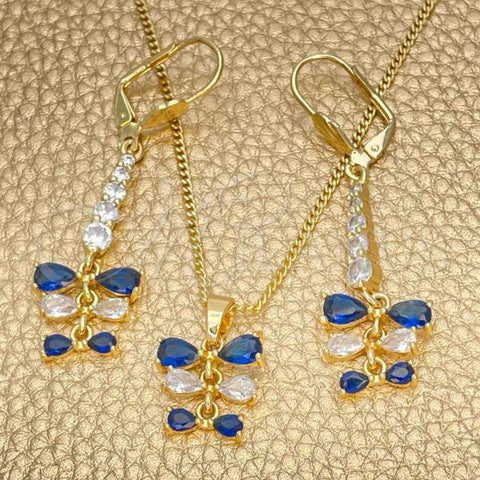 Oro Laminado Earring and Pendant Adult Set, Gold Filled Style Teardrop Design, with Sapphire Blue and White Cubic Zirconia, Polished, Golden Finish, 10.210.0087.2