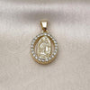 Oro Laminado Religious Pendant, Gold Filled Style Guadalupe Design, with White Cubic Zirconia, Polished, Golden Finish, 05.210.0007