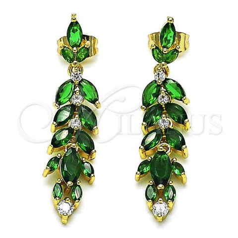 Oro Laminado Long Earring, Gold Filled Style Leaf Design, with Green and White Cubic Zirconia, Polished, Golden Finish, 02.346.0019.1