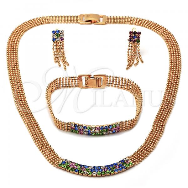 Oro Laminado Necklace, Bracelet and Earring, Gold Filled Style with Multicolor Cubic Zirconia, Polished, Golden Finish, 5.014.002