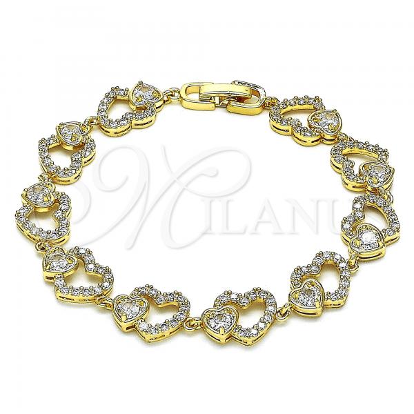 Oro Laminado Fancy Bracelet, Gold Filled Style Heart Design, with White Micro Pave and White Cubic Zirconia, Polished, Golden Finish, 03.346.0005.07