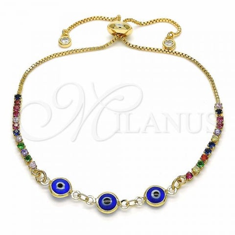 Oro Laminado Adjustable Bolo Bracelet, Gold Filled Style Evil Eye Design, with Multicolor and White Cubic Zirconia, Blue Resin Finish, Golden Finish, 03.63.2084.3.11
