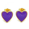 Oro Laminado Stud Earring, Gold Filled Style Heart Design, Purple Enamel Finish, Golden Finish, 02.213.0218.3