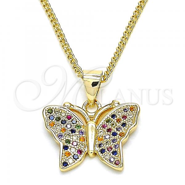 Oro Laminado Pendant Necklace, Gold Filled Style Butterfly Design, with Multicolor Micro Pave, Polished, Golden Finish, 04.156.0305.3.20