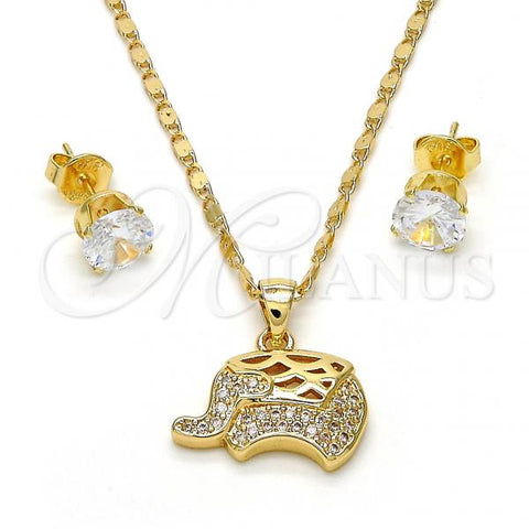Oro Laminado Earring and Pendant Adult Set, Gold Filled Style Elephant Design, with White Micro Pave, Polished, Golden Finish, 10.233.0024
